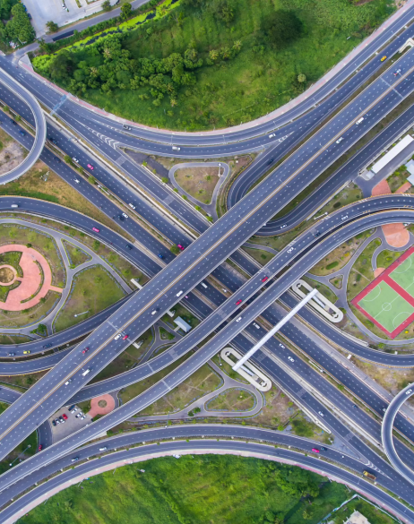 A bird's eye view of highway intersection and ramps