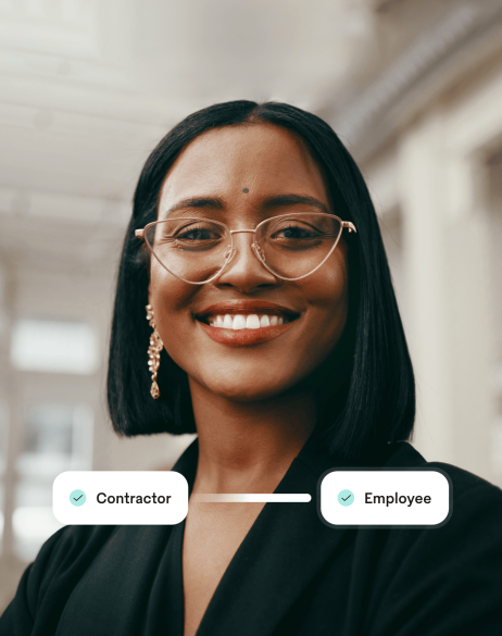 Contractor Conversion: Headshot of woman with contractor and employee options overlayed.