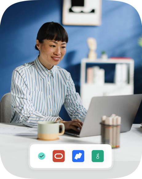 Woman using laptop and Pebl integration logos.