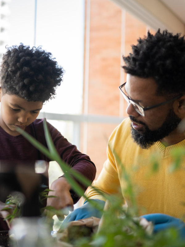 Father and son potting plants together