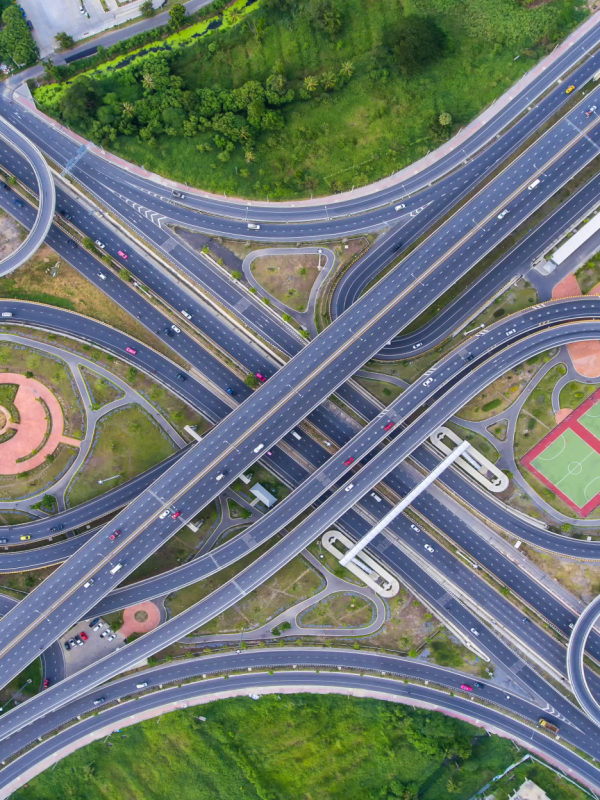A bird's eye view of highway intersection and ramps