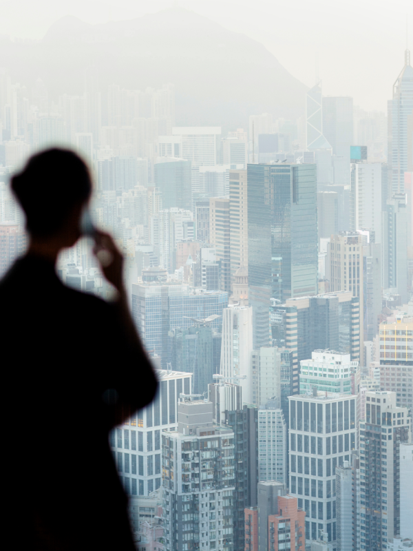 Silhouette of person looking out at a skyline view of buildings