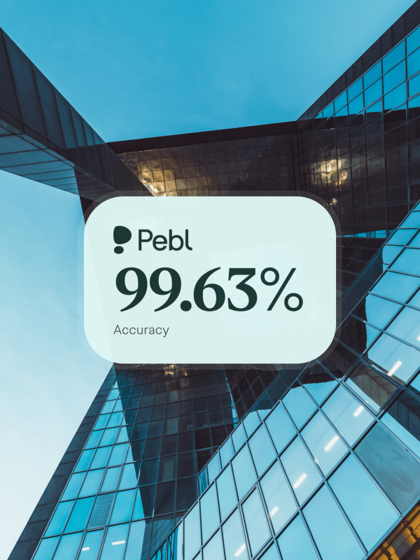 Chat bubble stating that Pebl has 99.63% accuracy when pricing quotes.