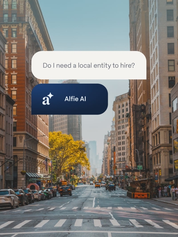 AI alfie chat bubble on city background image.