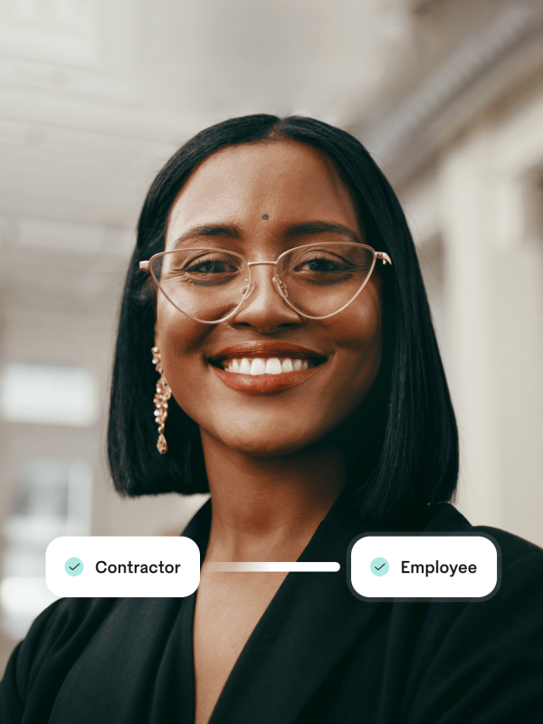 Contractor Conversion: Headshot of woman with contractor and employee options overlayed.
