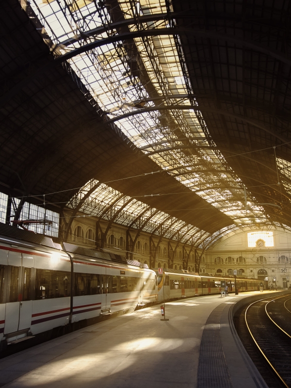 Train arriving in a covered station.