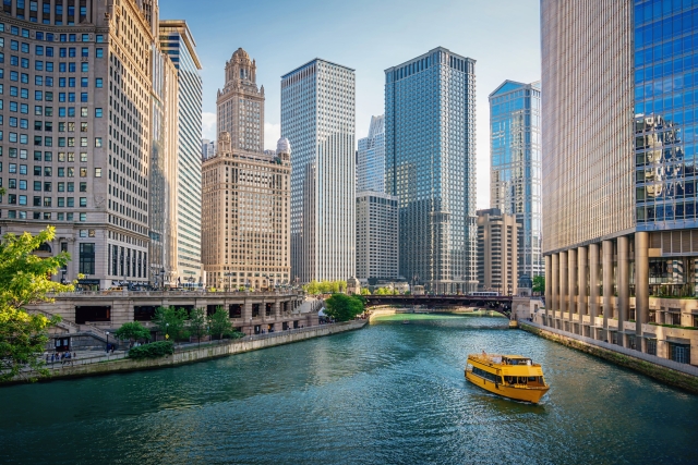Hire in Chicago with an EOR: Chicago River Cityscape in Summer.