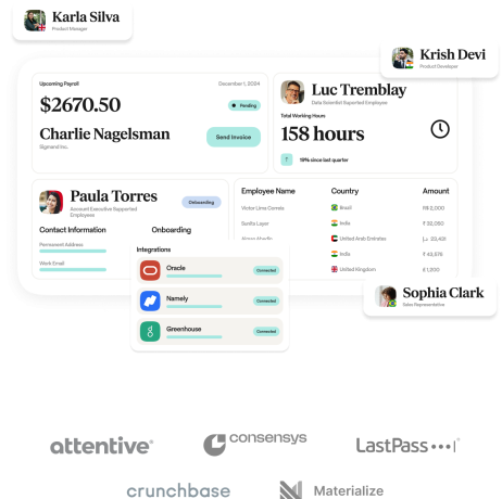 Pebl's Global Work Platform showing payroll, an employee dashboard, and integrations.