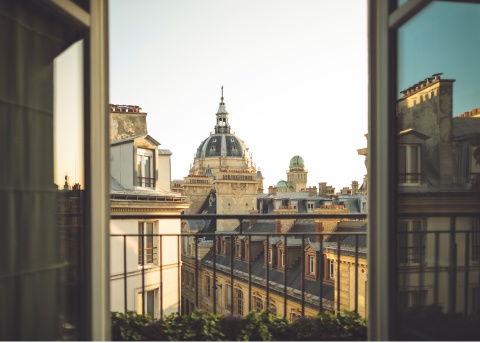 Balcony view of Paris, France, from the Grand Hotel Saint Michel