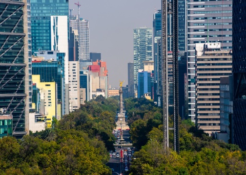 Aerial view of the Angel of Independence and skyline in Mexico City, Mexico
