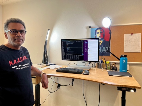 Pebl’s Vice President of Engineering & Chief Architect, Kumar Ramanathan shows off his home office set up 