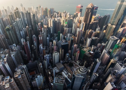 Downtown Hong Kong skyline viewed from the air