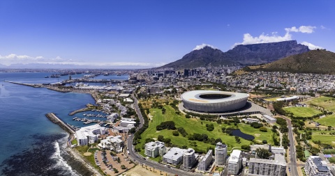 Aerial view of Cape Town’s harbor and DHL Stadium in South Africa
