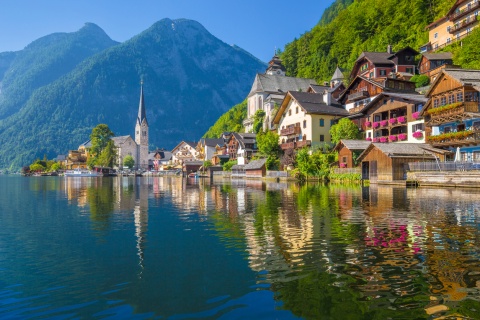 View from Hallstätter Lake of historic Hallstatt village in Austria