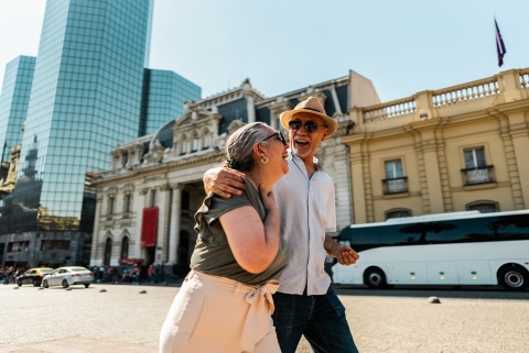Happy couple strolling through the streets of Santiago Chile