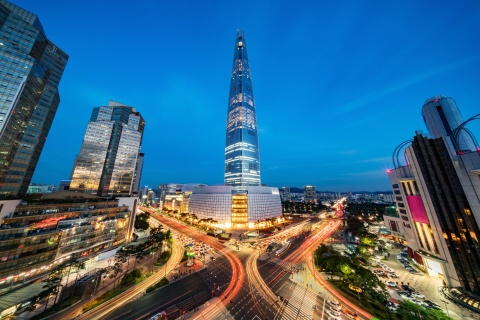 Lotte tower at night in Seoul, South Korea