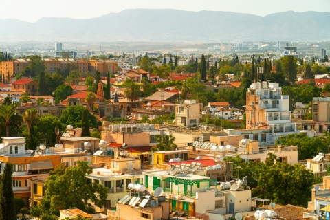 Aerial view of Nicosia in Cyprus with mountains in the background