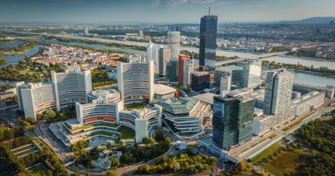 Aerial view of Donau City and UNO City in Vienna Austria