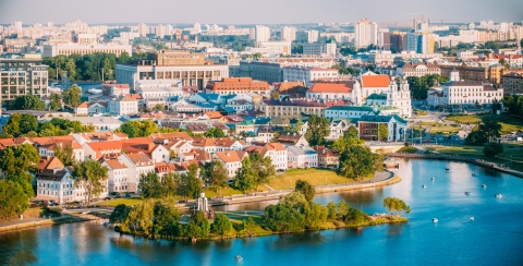 Aerial view of Minsk Belarus from over the Svislach River