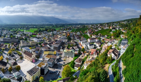 Aerial view of Vaduz city center and vineyards