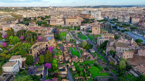 Aerial view of the Roman Forum and Palatine Hill in Rome Italy