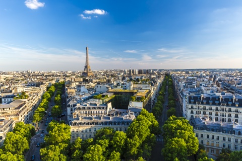 Aerial view of Paris’ boulevards and the Eiffel Tower in France
