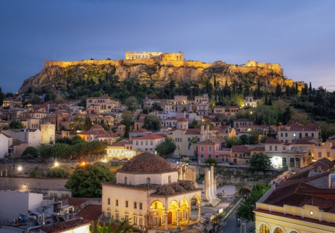 The Parthenon and Acropolis illuminated at night in Greece