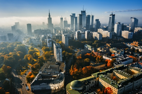 Aerial view of downtown Warsaw in Poland in autumn