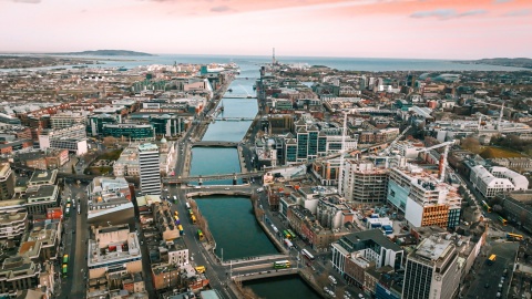 Aerial view of Dublin Ireland, the River Liffey, and Dublin Bay