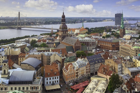 Aerial view of downtown Riga, Latvia and Daugava River