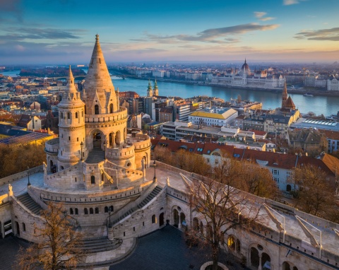 Aerial view of the Fisherman’s Bastion in Budapest Hungary