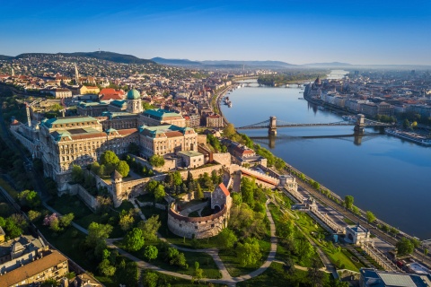 Aerial view of Budapest, Buda Castle, and the Szechenyi Chain Bridge