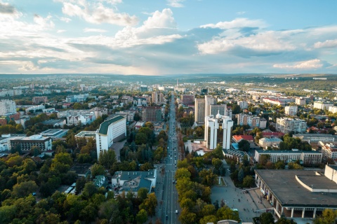 Aerial view of downtown Chisinau at sunset in Moldova