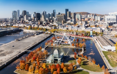 Aerial view of Montreal Old Port during autumn