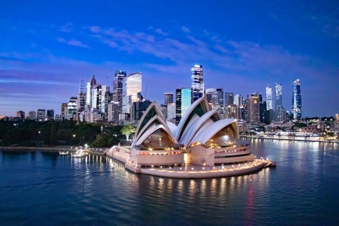 Aerial view of Sydney’s opera house in Australia at dusk