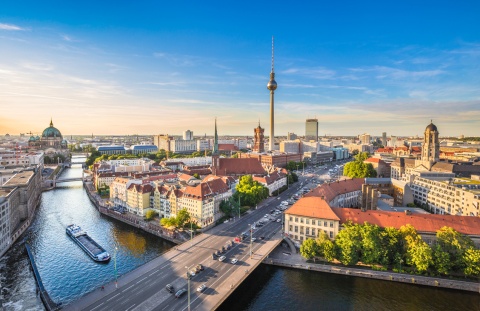 Berlin skyline with Spree river at sunset