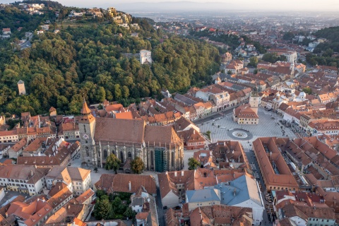 Aerial view of Brasov’s old town and church in Romania