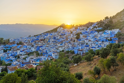 Panoramic view of beautiful Chefchaouen at sunset in Morocco