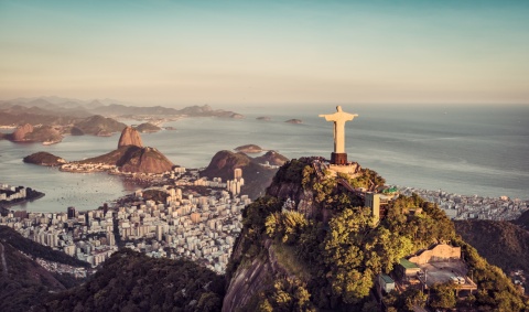 Aerial view of Botafogo Bay and Sugar Load Mountain in Rio de Janeiro Brazil
