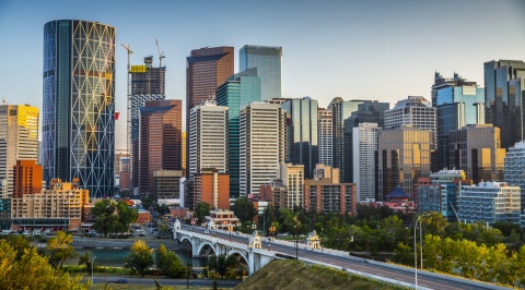 Calgary skyline with skyscrapers and office buildings