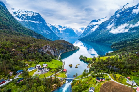 Aerial view of Lovatnet Lake’s exit in Norway