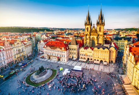 Old town square in Prague at sunset in Czech Republic