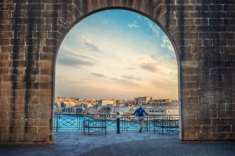 Upper Barrakka Valletta viewpoint in a gate at sunset on Malta