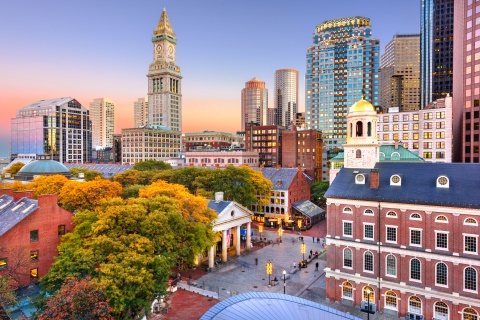 Skyline at dusk with historic and modern buildings, illustrating nearshoring.